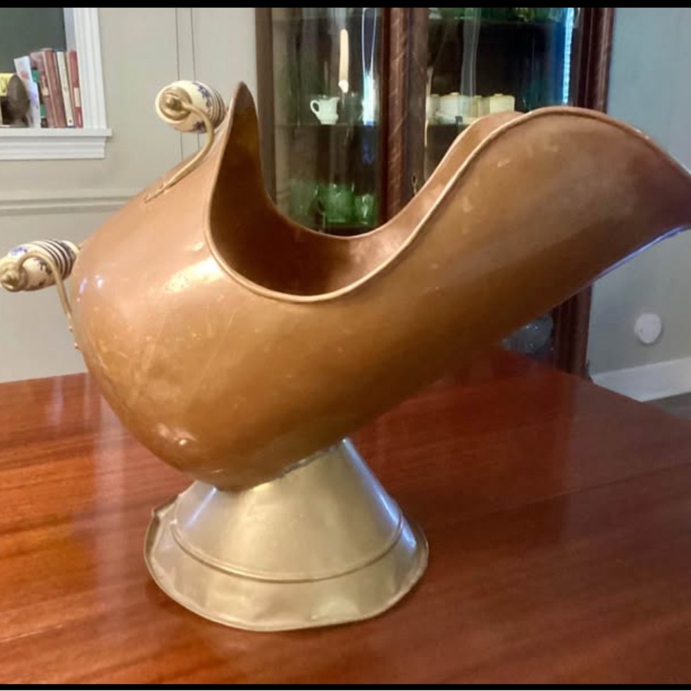 Vintage Copper Coal Scuttle Ash Bucket with Delft Porcelain Handles
